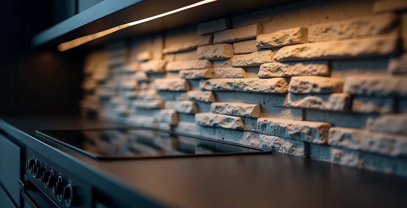 Mur en pierre naturelle avec éclairage rasant créant des ombres dramatiques derrière un poêle moderne