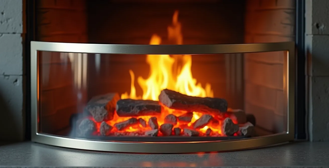 Pare-feu moderne en verre vitrocéramique devant une cheminée allumée, offrant une protection maximale.
