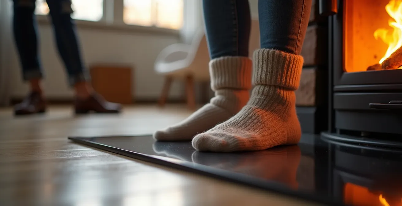 Plaque de protection en verre trempé sous un poêle moderne reflétant les flammes