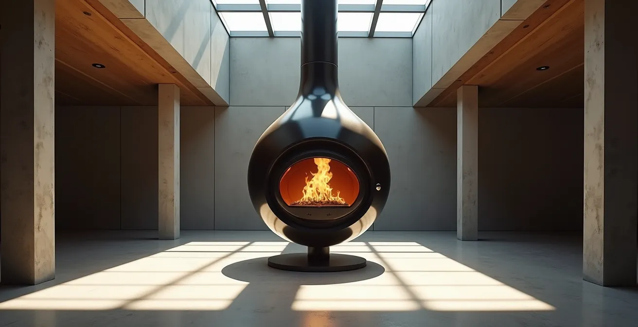 Poêle en acier suspendu au centre d'un salon avec design épuré et grandes vitres panoramiques