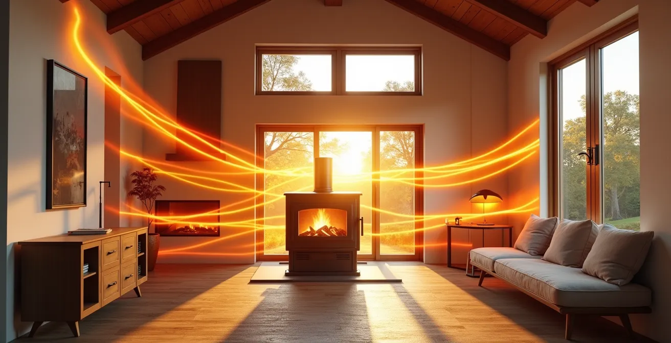 Vue en coupe d'une maison montrant la distribution de chaleur d'un poêle canalisable