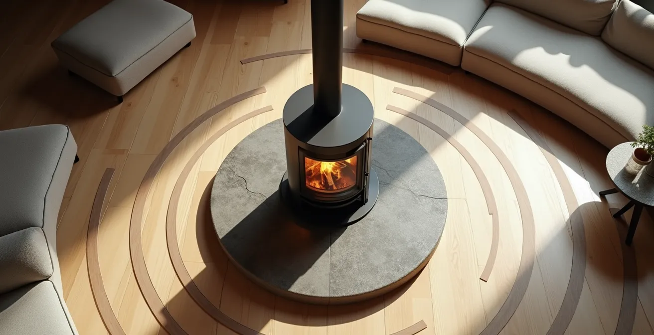 Vue aérienne d'un poêle central organisant l'espace de circulation dans un salon moderne