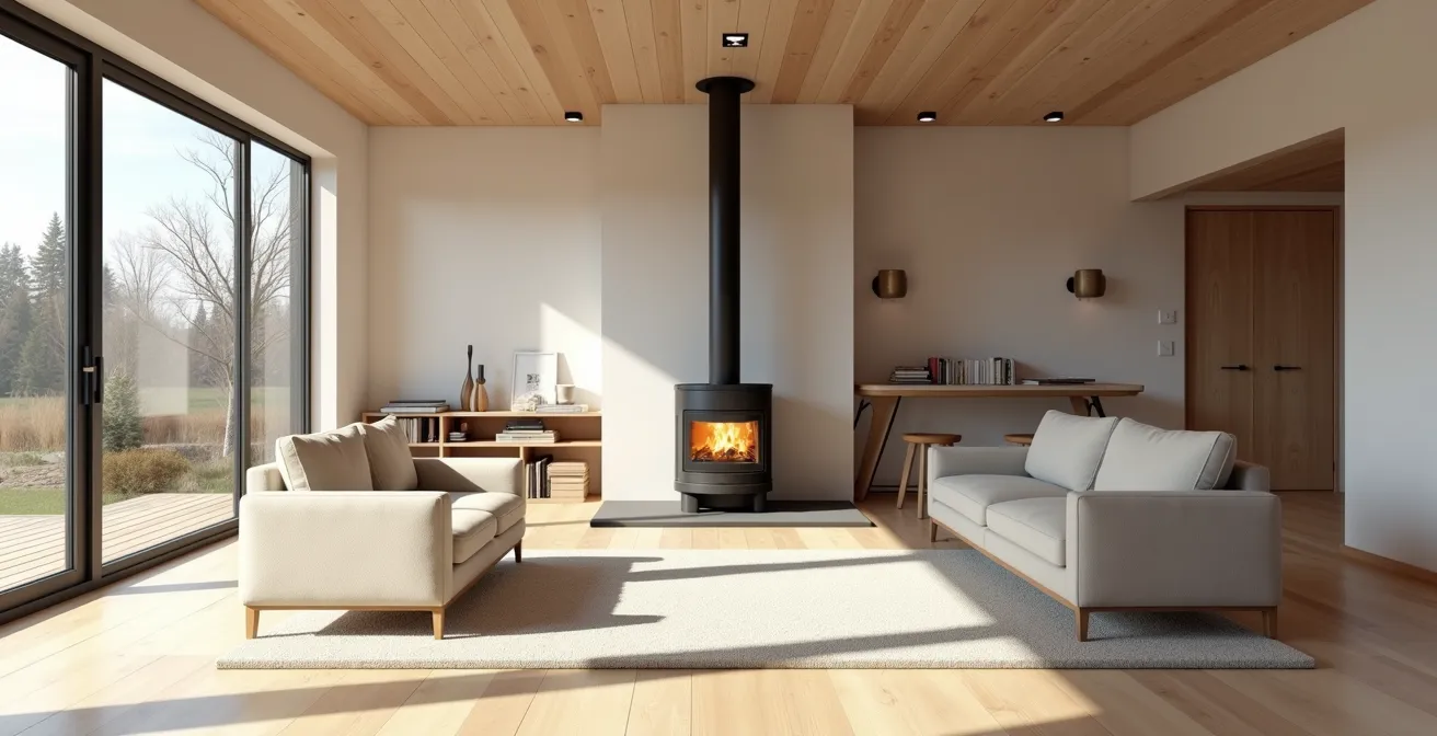 Vue aérienne d'un salon avec poêle central montrant les lignes de vue optimales