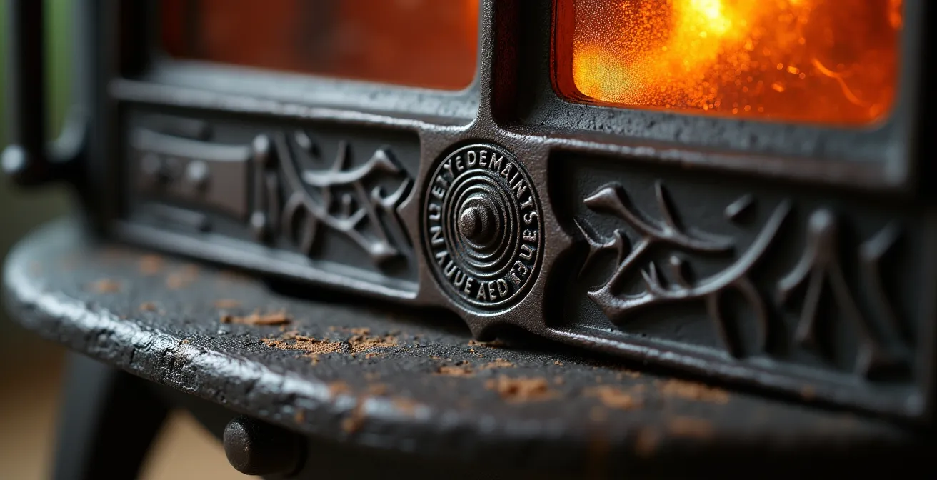 Poêle à bois design suspendu comme pièce maîtresse sculpturale dans un salon contemporain épuré