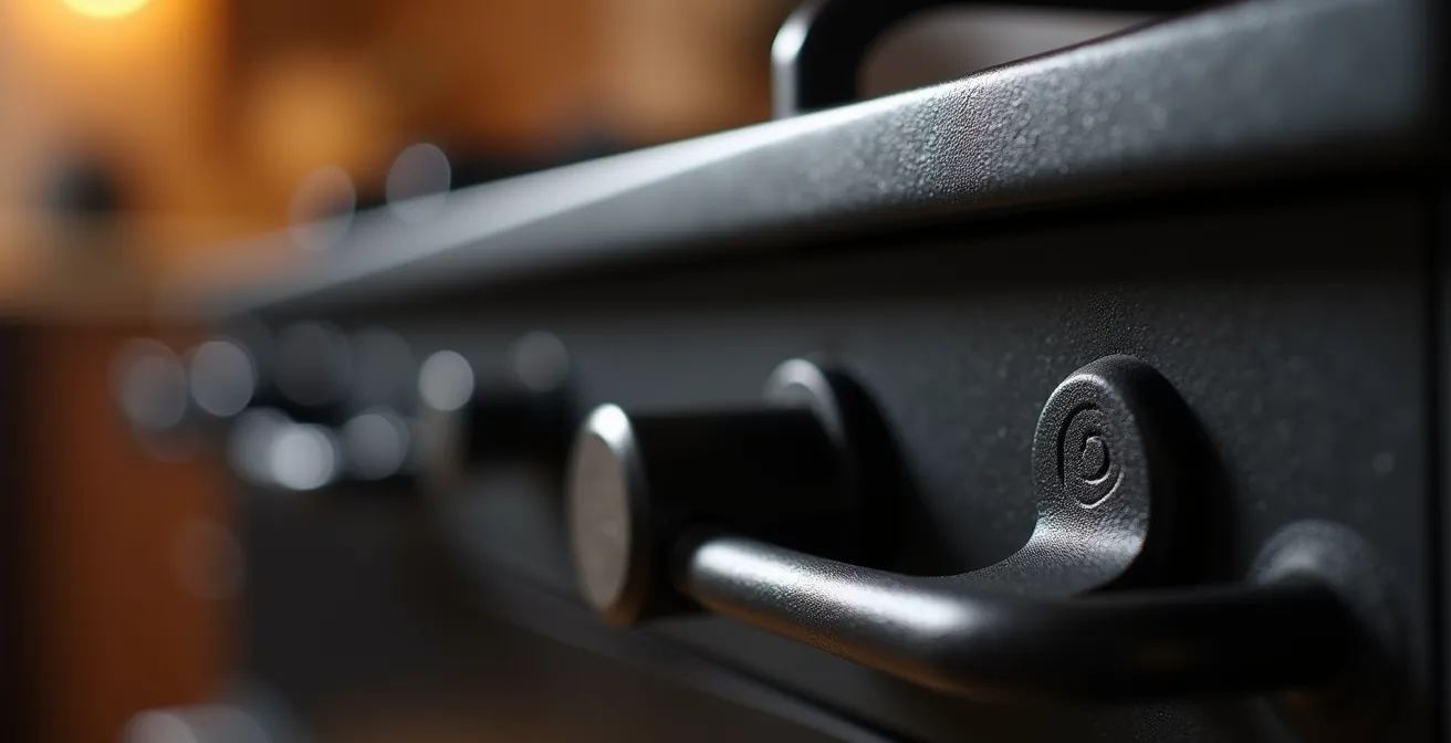 Détail macro de la finition mate d'un poêle en acier noir montrant la texture et la profondeur du matériau