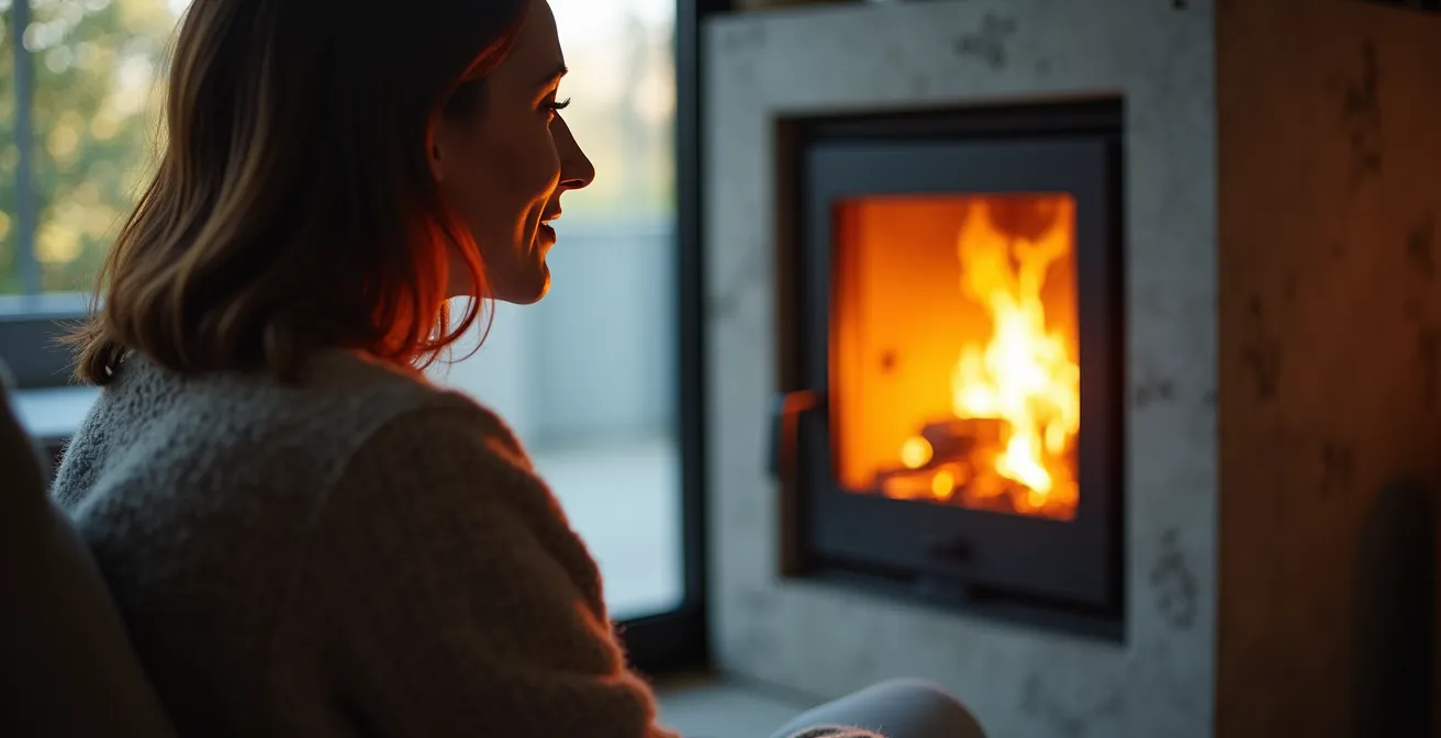Poêle minimaliste en béton servant de cadre aux flammes