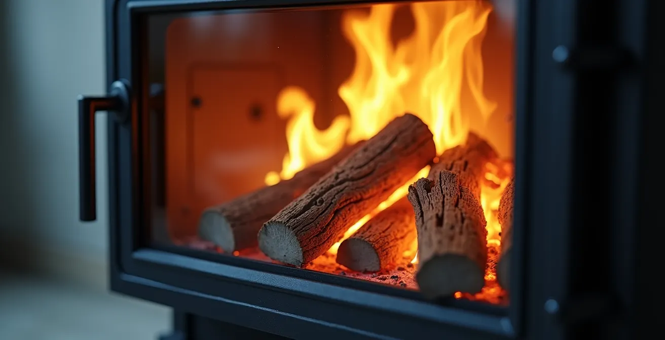 Gros plan sur les flammes à travers la vitre d'un poêle minimaliste