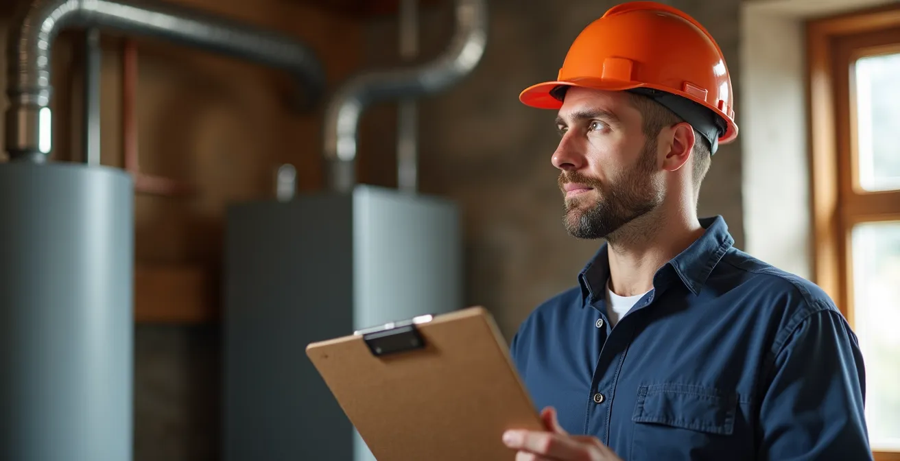 Séquence visuelle des étapes de remplacement d'une chaudière avec ouvriers et matériel