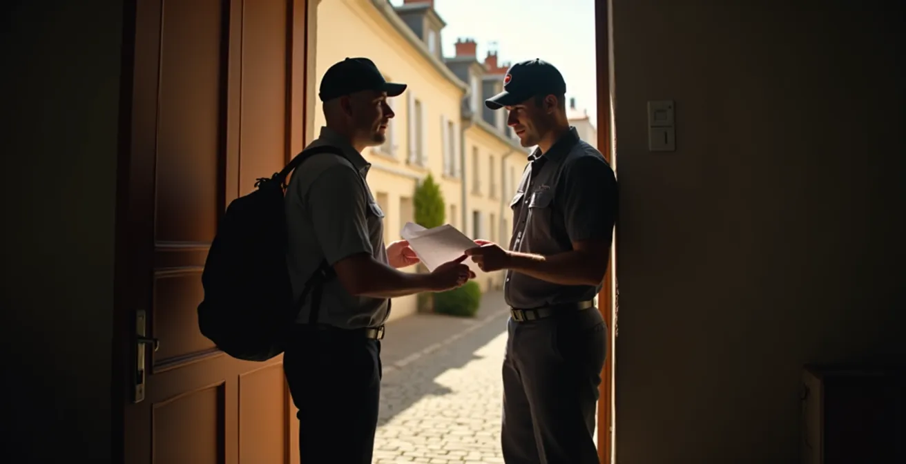 Ramoneur professionnel remettant un certificat de ramonage à un client