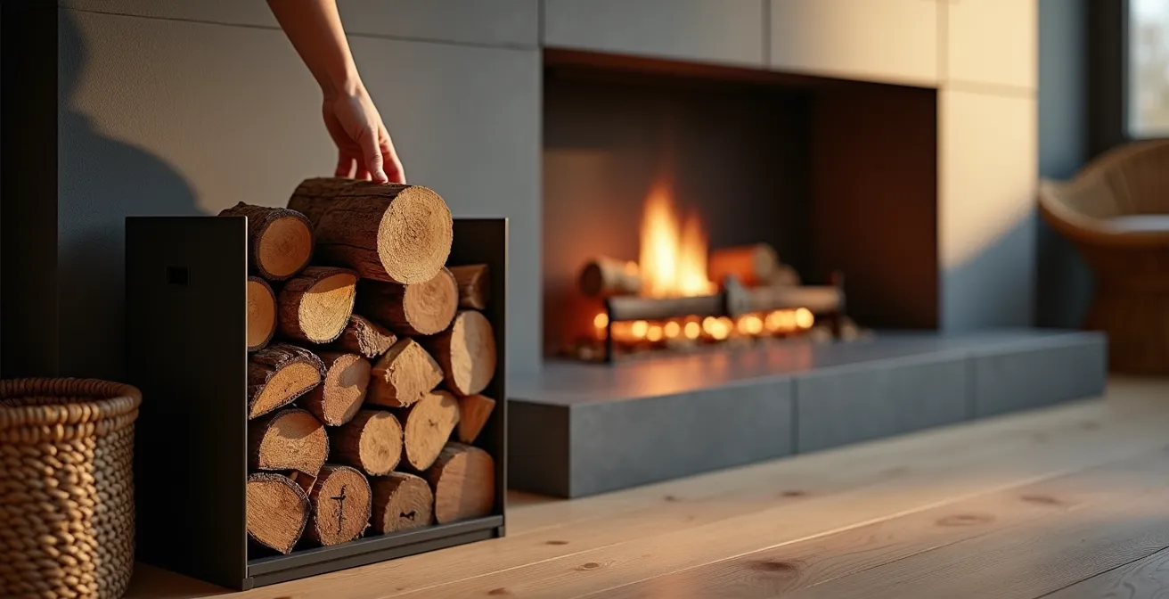 Range-bûches design en métal noir intégré dans un salon moderne avec cheminée