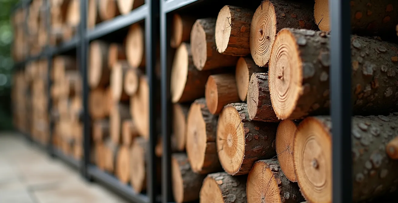 Système de rangement modulaire pour bûches avec cubes empilables en métal montrant différentes configurations