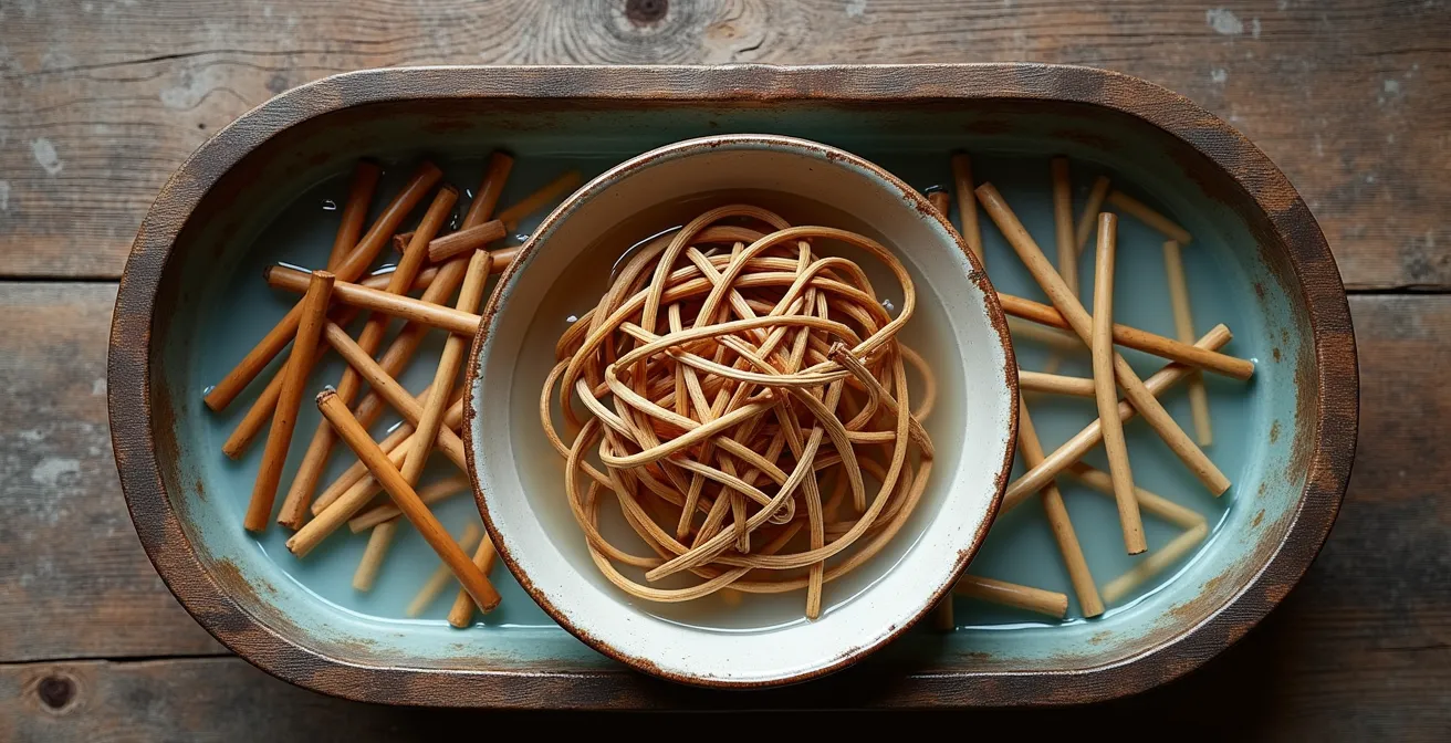 Bassine d'eau avec brins d'osier en train de tremper pour retrouver leur souplesse