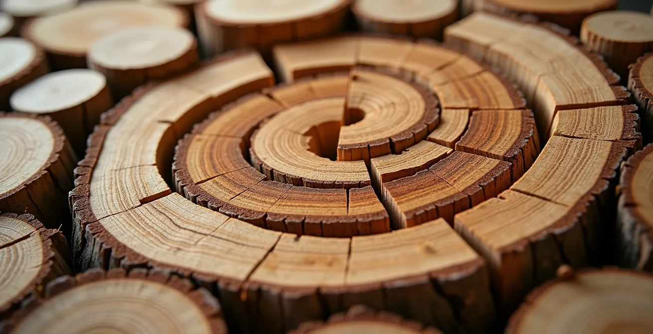 Détail macro d'un arrangement artistique de bûches créant des motifs géométriques