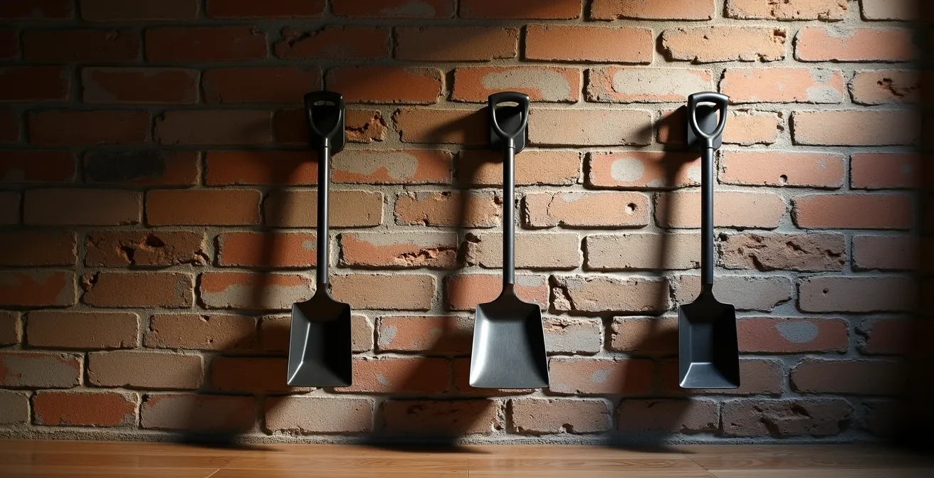 Serviteur de cheminée mural en métal noir avec outils suspendus dans un intérieur moderne