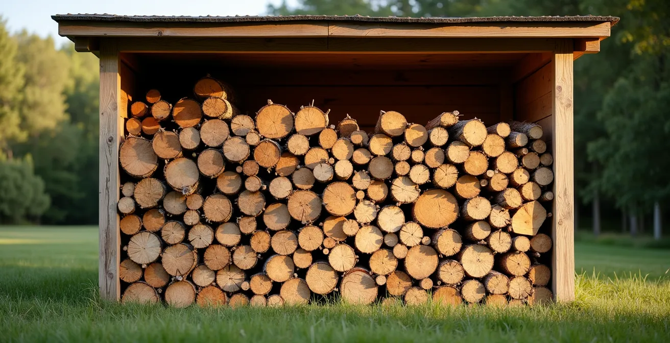 Vue large d'un abri à bois extérieur avec bûches parfaitement rangées