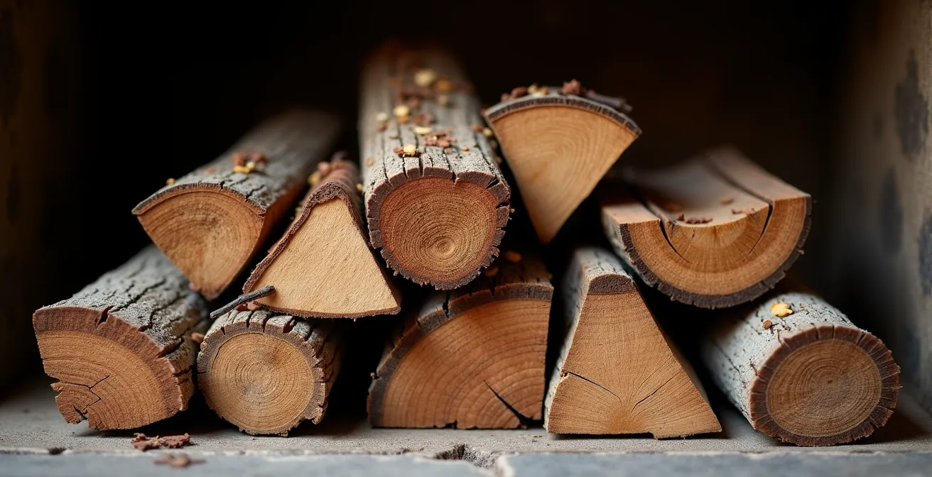 Gros plan sur l'arrangement de bûches en pyramide pour un allumage par le haut