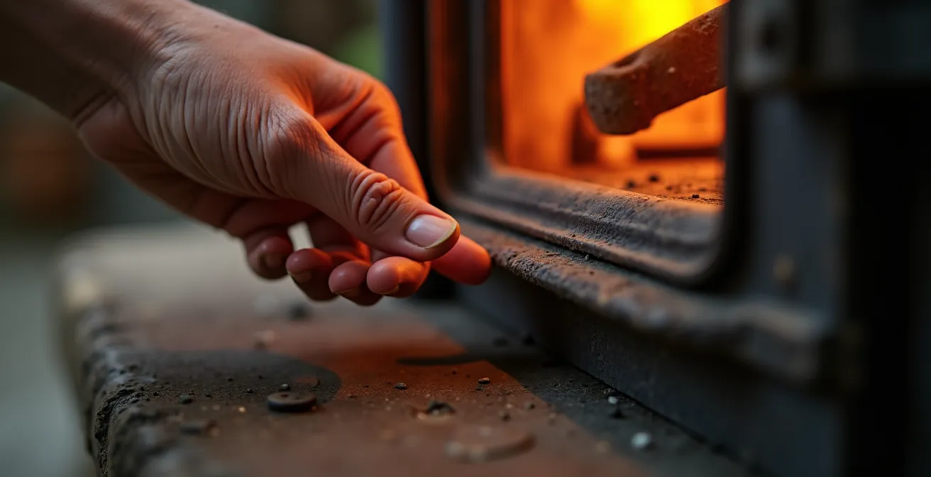 Gros plan sur une main testant l'étanchéité d'un joint de porte de poêle à bois