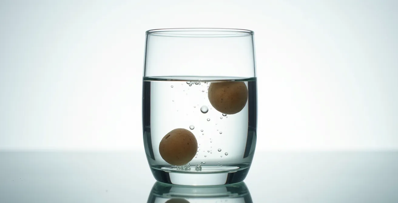 Test de qualité d'un granulé dans un verre d'eau montrant sa densité