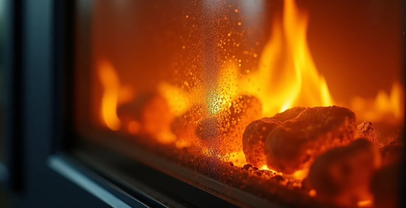 Vue macro d'une vitre de poêle moderne avec flammes dansantes