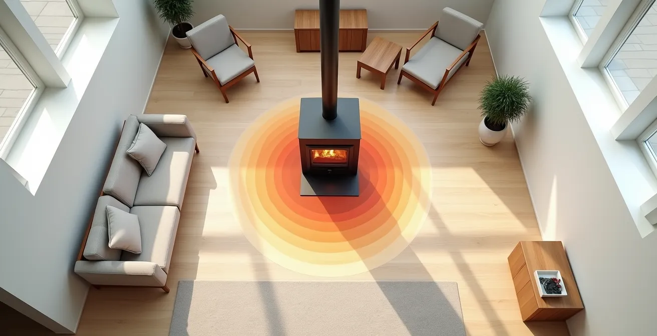 Vue aérienne d'un salon montrant les zones de chaleur autour d'un poêle à bois