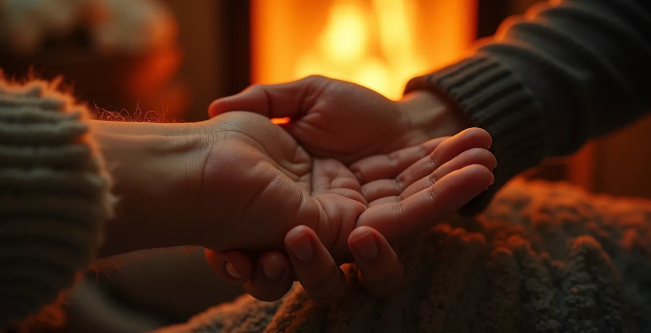 Mains se réchauffant près d'un poêle à accumulation avec rayonnement visible