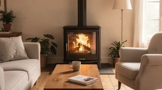 Poêle à bois moderne en fonctionnement dans un séjour chaleureux