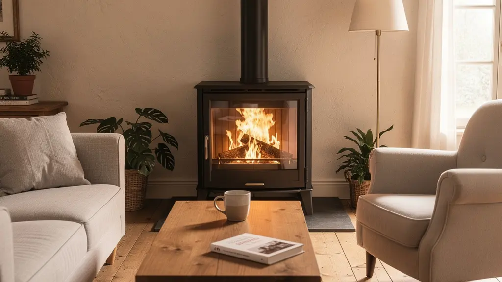 Poêle à bois moderne en fonctionnement dans un séjour chaleureux
