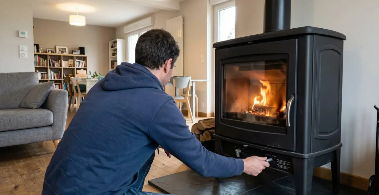 Personne vue de dos ajustant la manette de réglage d'air située sous un poêle à bois en fonctionnement, geste précis de la main