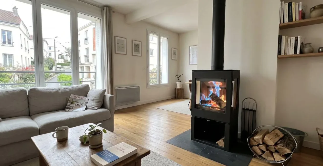 Poêle à bois moderne en fonctionnement avec flammes bleu-orangé vives visibles à travers vitre parfaitement transparente dans salon contemporain lumineux