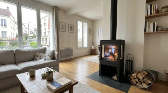 Poêle à bois moderne en fonctionnement avec flammes bleu-orangé vives visibles à travers vitre parfaitement transparente dans salon contemporain lumineux